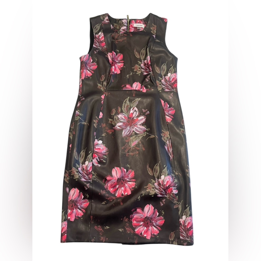 NWT Calvin Klein Faux Leather Floral Dress Size 12.